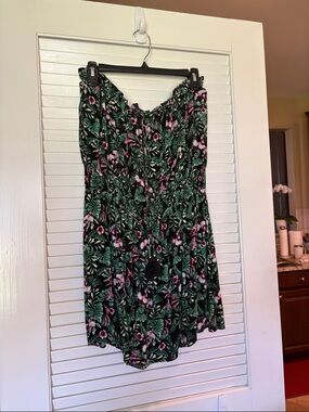 White House Black Market Black Coverup Dress with Green Leaf & Pink Floral Print